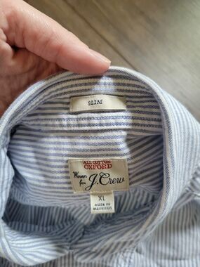 J. Crew Men’s Blue and White Striped Oxford Button-Down Shirt